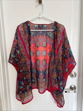 Angie Sheer Boho Kimono Cardigan - Red & Navy